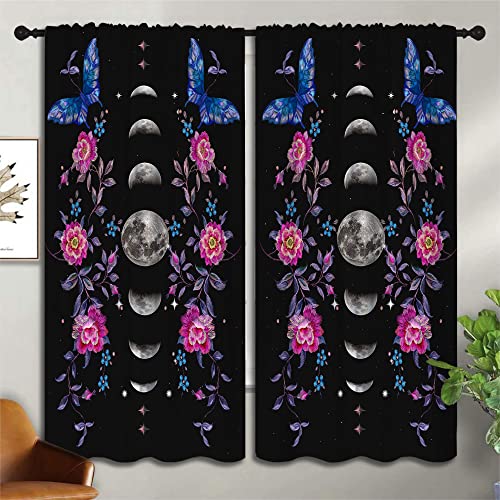 Boho Flower Blue butterfly Rod Pocket Blackout Curtains for Teen Bedroom,Moon Phase Moonlit Garden Witchy Gothic Aesthetic Energy Efficient Home Window Drapes for Living Room Noise Reducing,55x63in - color: Boho Flower Blue Butterfly-005, size: 55"W x 63"
