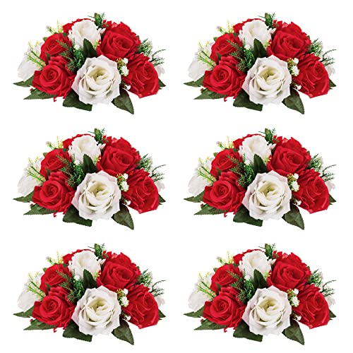 NUPTIO Pcs of 6 Fake Flower Ball Arrangement Bouquet,15 Heads Plastic Roses with Base, Suitable for Our Store's Wedding Centerpiece Flower Rack for Parties Valentine's Day Home Décor (Red & White) | 6 Pcs Artificial Flower Arrangements for Wedding Party C