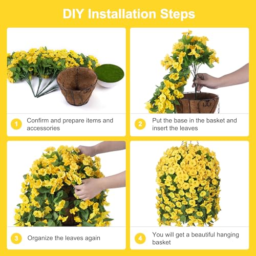 Ammyoo Artificial Faux Hanging Flowers Basket for Spring Summer Outdoor Porch Decor, Fake Silk Colorful Morning Glory Eucalyptus in Planter UV Resistant Look Real for Home Balcony Yard(Yellow) - color: Yellow