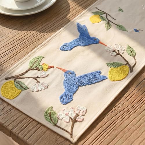 Artoid Mode Beige Soft Chain Embroidery Flower Bird Lemon Spring Table Runner, Seasonal Summer Kitchen Dining Table Decoration for Home Party Decor 13x72 Inch