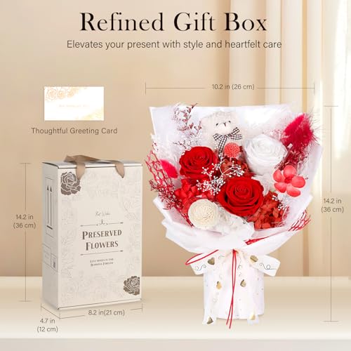 Preserved Flowers Bouquet with Bear, 3 Real Forever Flowers for Delivery, Long-Lasting Red Eteranl Roses Bouquet, Anniversary Birthday Gifts for Women Mom Her Girlfriend Wife - color: Red