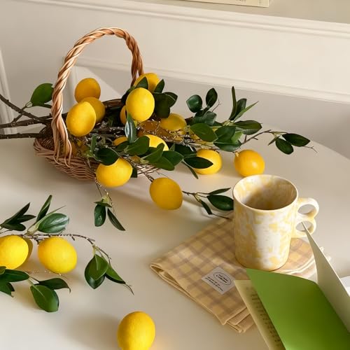 2 Bunches Artificial Lemon Stems, 12 Pcs Faux Lemon Fruit with Green Leaves, Fake Lemons Decor for Vase Filler, Kitchen Table Farmhouse Centerpiece Decor(LB-01)