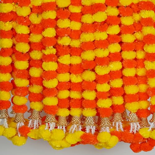 5 Pc 5 feet Long Marigold Garland for Decoration Long Strands Artificial Marigold Flowers | Indian Décor for Pooja | Wedding | Christmas | Diwali Decor (Yellow & Orange)