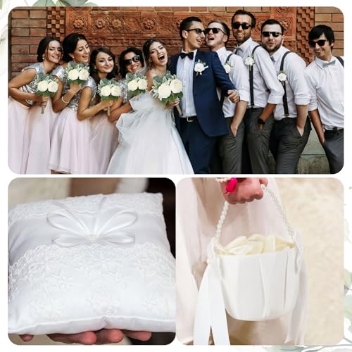 Giegxin 16 Pcs Ivory Rose Wedding Artificial Flowers Package, Bridal Bouquet, 6 Bridesmaid Bouquets, 6 Boutonniere for Men, Rose Petals for Wedding Ceremony Anniversary, Rustic Marriage Proposal