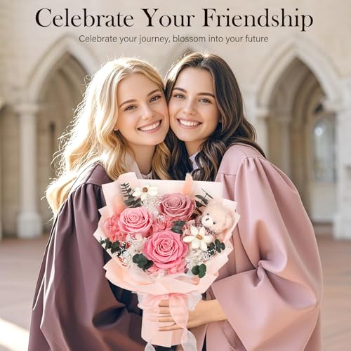 Preserved Flowers Bouquet with Bear, 3 Real Forever Flowers for Delivery, Long-Lasting Pink Eteranl Roses Bouquet, Anniversary Birthday Gifts for Women Mom Her Girlfriend Wife - color: Pink
