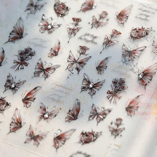 Retro Butterfly Nail Stickers - 5D Emboosed Red-Black Gradient Nail Decals 1PCS Summer Rose Butterfly Nails Adhesive Stickers with Rhinstone Design Spakrling Nail Art Supplies for Manicure Decor - style: Style9-Retro Blcak Butterfly