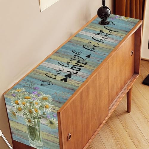White Daisy Table Runner, Rustic Spring Sunflowers Floral Flower Vase Wooden Boards Boho Butterfly Farmhouse Coffee Table Center Decor for Family Kitchen Holiday Party Table Decorations, 13"x36" - color: Daisy-12, size: 13“ X 36"