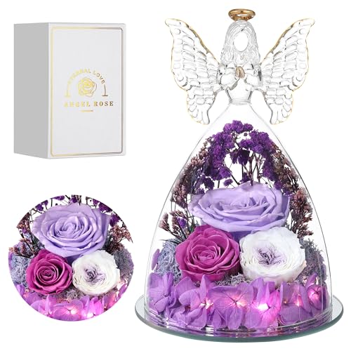 Mothers Day Rose Gifts for Women Preserved Real Flower in Glass Angel Figurines Roses for Delivery Prime Birthday Gifts for Mom Grandma Girlfriend Wife Her, Light Purple Austin Roses - color: Light Purple With Austin Roses