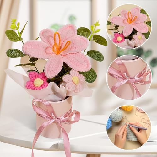 Handmade Crochet Tulip Flower Bouquet in Pot, Knitted Pink Tulip for Mother's Day Birthday Wedding Christmas, DIY Décor for Car Office Desk & Home Décor, Perfect for Mom Wife Girlfriend Lover (Pink) - color: Pink