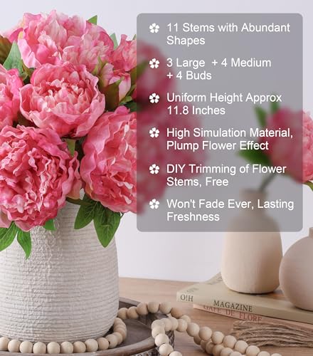 florisso Pink Peony Artificial Flowers - 11 Branches Faux Peonies for Wedding Bouquets, Home Decor & DIY Craft Projects (Artificial Floral Decor) - color: Peony-pink