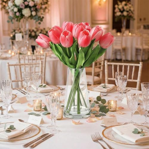 Garvee Artificial Tulips with Vase, Real Touch Silk PU Faux Tulips Bouquet, Lifelike Tulips Artificial Flowers for Table Centerpieces, Wedding Decor, Home Decoration, Rose Red - color: Rose Red