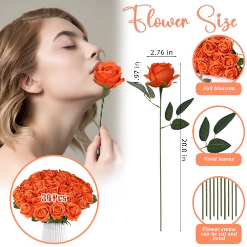 30pcs Fake Roses Artificial Silk Flowers Long Stems Bouquet for Wedding Bridal Shower Party Home Decoration (Orange) - color: Orange