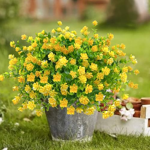 10 Bundles Artificial Fall Flowers for Outdoors,UV Resistant Fake Plastic Plants Artificial Shrubs Spring Flowers Decor of Vase and Outside Window Box, Ferns Plants for Planter-Yellow - color: Yellow, size: 10PCS