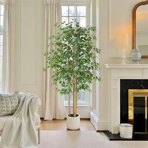 Nafresh 6ft Ficus Tree Artificial with Multi-Real Wood Trunks & White Planter, 72in Realistic Texture Potted Faux Ficus Tree, Fake Trees Indoor for Home Office Living Room Bedroom Porch Decor - size: White Planter - 5.99FT