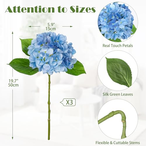 Oairse 3Pcs Blue Hydrangea Artificial Flowers 19.7 in Real Touch Faux Hydrangea Stems Silk Flowers with Stems Fake Blue Flowers Bouquet for Floral Arrangements Table Centerpieces Wedding Home Decor - color: Blue