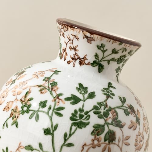 6.73" Ceramic Flower Decorative Antique Vase, Vintage Rustic Chinoiserie Floral Vase for Home Decor, Living Room, Bookshelf, Office, Entryway, Garden, Tuscan Decor, Chinoiserie Decor - color: Green and Beige- 6.73"