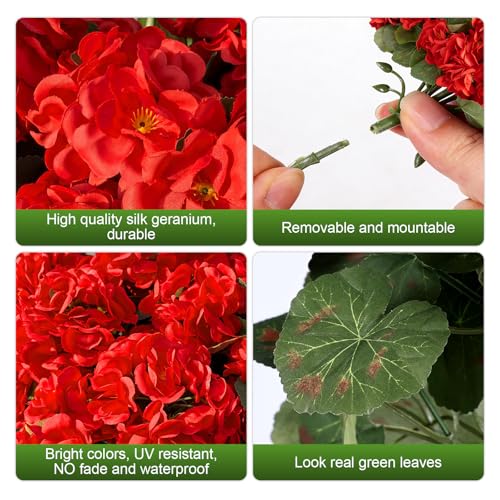 Artificial Geranium Fake Flowers for Outdoor UV Resistant, Outside Spring Red Pink Flower Decoration for Home Kitchen Table Cemetery Garden Planter, Front Door Silk Faux Plants - color: Red, size: 4ps