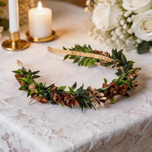 Fairy Flower Crown Headband, Artificial Brown Rose Floral Headpiece, Bridal Boho Flower Headbands for Women Maternity Birthday Wedding Renaissance Festival Party Hair Accessories - color: Brown