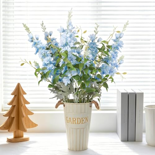 10 pcs Artificial Delphinium Flowers with Clematis Greenery, Light Blue Fake Larkspur Flowers & Clematis Leaves for Tall Vase, Wedding Arch Bouquet Floral Arrangement Home Party Table Centerpiece - color: Light Blue+green, size: 33.86 inch