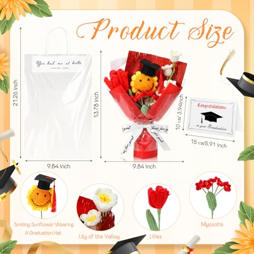 2026 Graduation Crochet Flowers Bouquet Gifts Class of 2026 Graduation Gift for Her Sunflower Mortarboard with Greeting Cards Bag Handmade Knitted Artificial Flowers for Grad(Red) - color: Red