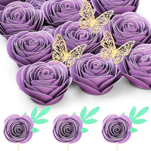 Mverse 18 Purple Roses Artificial Flowers, Forever Rose Paper Flower Gift Décor Cupcake Topper (Light Purple) - color: 19- Light Purple