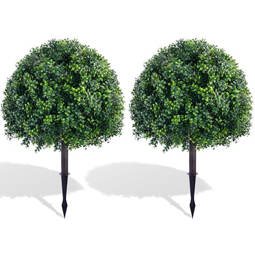 24'' Artificial Boxwood TopiaryTree, Faux Boxwood Plants Shurbs with Spike, 2 Set Topiary Ball Tree Waterproof UV Resistant Fake Pot Filler Plants for Planter Porch Home Outside Garden Spring Decor - size: 24.8inch-boxwood