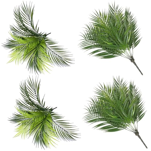 Artificial Plants Fake Palm Tree Plastic Shrubs 4 Pack, Fake Greenery Bushes UV Resistant Shrub Tropical Leaves Stems for Indoor Home Decor Kitchen Room Outdoor Garden Wedding Christmas DIY Decoration - color: Tropical Palm Tree / 4 Pack