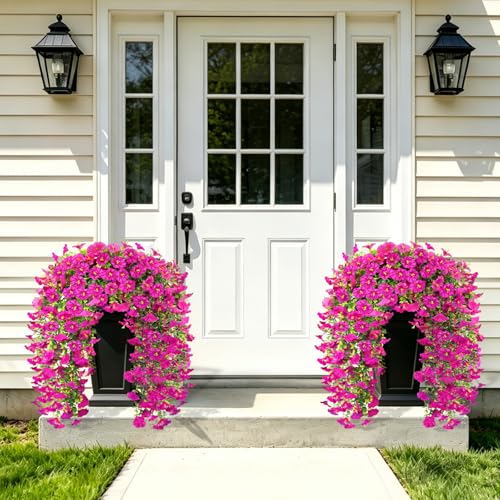 Artificial Hanging Flowers for Outdoor, 4Pcs UV Resistant Faux Morning Glory Flower Spring Summer Decroation, No Fade Fake Flower Trailing Vine for Porch Patio Balcony Yard Garden (Light Purple) - color: Lotus