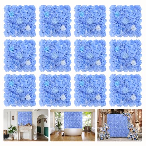 Flower Wall Backdrop 12pcs 16.5 * 16.5inches Artificial Floral Panel Faux Silk Flowers Rose Decor for Wedding Arrangement Home Wall Background Party-Light Blue - color: Light Blue