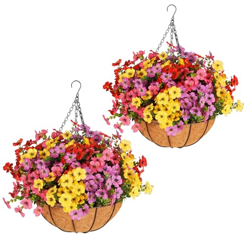 2 Set Artificial Outdoors Flowers with Hanging Basket, 2 Hanging Fake Flowers w/24 Pcs Flowers, Faux Silk Plants for Spring Summer Garden Patio Porch Home Decor (2, Rose Red, Purple, Yellow, Red) - color: 4 Multicolor, size: 2 Sets