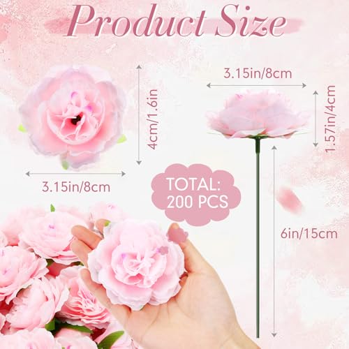Thiccywoov 200 Pcs Flowers Long Stem Artificial Rose Bulk, 3.2 Inches Silk Rose Head Flowers Faux for Wedding Bridal Bouquet Independence Day Home Floral DIY Centerpieces Party Decoration(Pink) - color: Pink