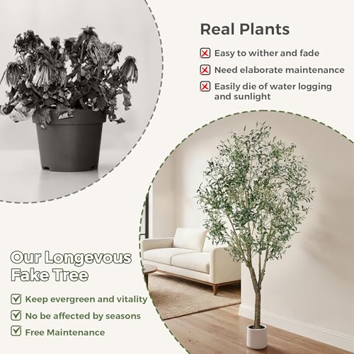 Jocoevol Olive Tree Artificial Indoor 7FT，Tall Faux Olive Tree with White Planter，Realistic Artificial Olive Tree Indoor with Natural Trunk and Lifelike Fruits for Home Office Living Room - size: 7ft