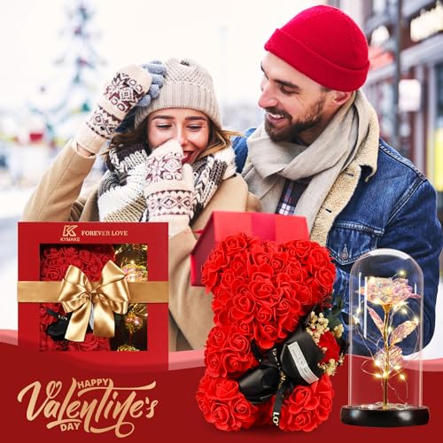 Mothers Day Rose Bear Gifts for Mom，Valentines Day Rose Gifts for Women Rose Bear for Wife + Romantic Greeting Card + Delicate Flower Lamp from Daughter & Son - color: Red