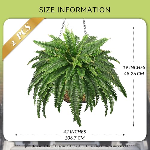 Artificial Boston Ferns, 45IN Faux Ferns Artificial Plants, 2 Large Fake Bush Plants with 59 Fronds for Outdoors Patio Hanging Planter Hotel Lobby Home Decor