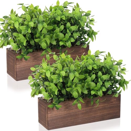 Lyrow 2 Pack 11.4 '' Artificial Eucalyptus Plants in Rectangular Rustic Wooden Planter Box Faux Potted Herb Plant Greenery Centerpiece for Cabinet Windowsill Table Shelf Wedding Decor (Brown) - color: Brown, size: 11.4 ''