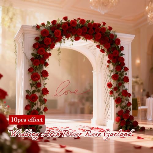 Felice Arts 2 Pack Red Artificial Rose Garland, Each 6.5FT Fake Flower Hanging Vines for Wedding Table Teepee Mirror Home Party Decor - color: Burgundy