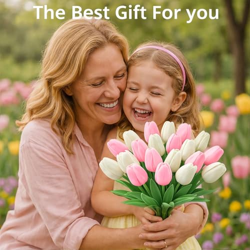 20 Pcs Tulips Artificial Flowers, 13.5'' Real Touch PU Fake Flowers Bouquet for Home Party, Spring Wedding Floral Arrangement, Valentine's, Easter and Mother's Day Decor (Cream,Pink) - color: Cream,pink