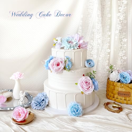 Baby Blue Pink Artificial Flowers Combo Box Set Bulks Pastel Pink Rainbow Silk Roses Individually Stems Crystal DIY Faux Bridal Wedding Bouquets Cake Decor Arrangements Baby Shower Bloom Flowers - color: Baby Blue, Pastel Pink