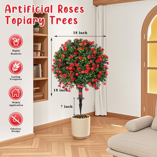Grooy Artificial Boxwood Topiary Tree with Rose, Set of 2 Artificial Shrub Bushes with Ground Spike, Fake Evergreen Tree for Porch, Artificial Plants for Outdoor Planters Indoor UV Resistant - color: Red Rose