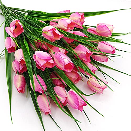 8 Bundles Outdoor Artificial Tulips Fake Flowers UV Resistant Faux Plastic Greenery Shrubs Plants for Home Outside Garden Porch Window Farmhouse Decor (Light Pink) - color: Light Pink