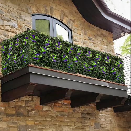 Artificial Expandable Ivy Privacy Fence Screen,Adjustable Size,Dense Leaf Panel,Perfect for Balcony,Garden,Fence Cover and Green Wall Decoration - color: BRANCH-PURPLE ROSE