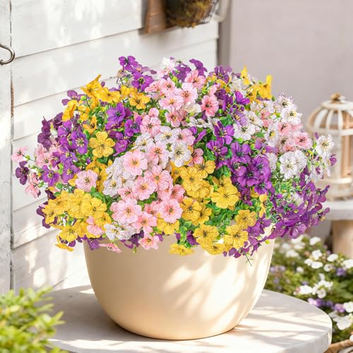 Artificial Flowers for Outdoors Decoration for UV Resistant Silk,16 Bundles | Artificial Violet Flowers for Spring Outdoor Decor, Realistic Fake Plants for Porch,Garden,Window Box,Vase Mix 6 Colors - color: Purple White Yellow Pink