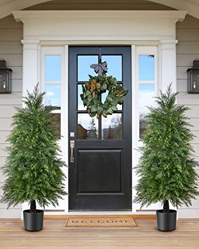 2 Pack 4ft Artificial Cedar Topiary Trees, Outdoor Artificial Plants for Front Porch Décor, Artificial Shrubs Fake Plants Uv Rated Potted Plants for Outdoor, Indoor, Front Door, Office - size: 4Ft