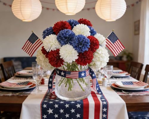 Kimura's Cabin 21Pcs Chrysanthemum Patriotic Flower 4th of July Artificial Flowers Faux Silk Mums with Stem Balls Flowers for Home Table Centerpieces DIY Decor Memorial Day Decoratio Red White Blue - color: Red White Blue