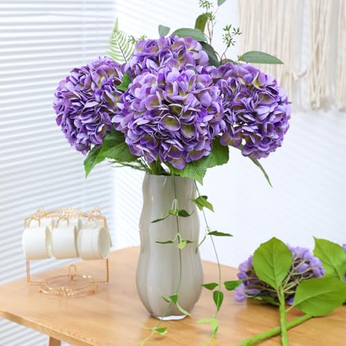 Nubry 4Pcs Purple Hydrangea Artificial Flowers, 22.5In Latex Faux Real Touch Large Hydrangea Flowers with Long Stems & Leaves for Home Office Decor Wedding Party Arrangements(Purple) - color: Purple, size: 4 Pcs
