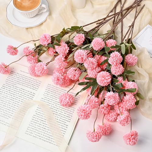 Waipfaru 10pcs Fake Flowers, Artificial Pompon Mums, Bulk Faux Chrysanthemums Flowers for Indoor Home Decorations, Boho Decor, Pink, No vase - color: Pink