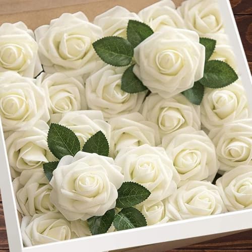 Higfra Artificial Flowers 50 Stems Realistic Roses - Lifelike Fake Flowers for Wedding Bouquets, Baby Shower Decor, Home Centerpieces, DIY Floral Arrangements (Cream, 50Pcs) - color: Cream, size: 50Pcs