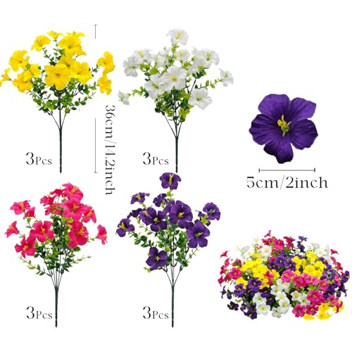 Artificial Flowers for Outdoors Decoration, 12 Bundles Fake Silk Morning Glory with Faux Plastic Eucalyptus UV Resistant for Outside Front Door Porch Planters Patio Garden Decor (MultiColor 1) - color: Multicolor 1