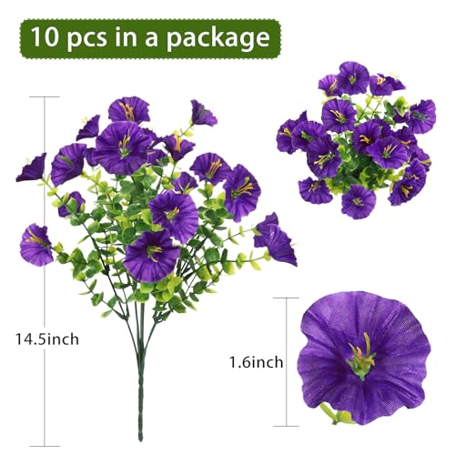 SJL Artificial Faux Outdoor Flowers Spring Summer Decoration 10 Bundles Fake Plastic Plants Artificial Morning Glory UV Resistant Flowers for Outside Front Porch Garden Backyard Decor(Purple) - color: Bundle Purple