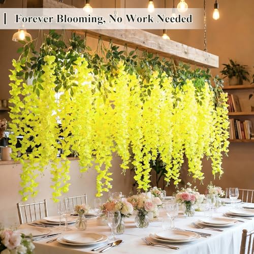 U'Artlines 24 Pack (Total 86.4 Feet) Artificial Fake Wisteria Vine Rattan Hanging Garland Silk Flowers String Home Party Wedding Decor (24,Yellow) - color: Yellow